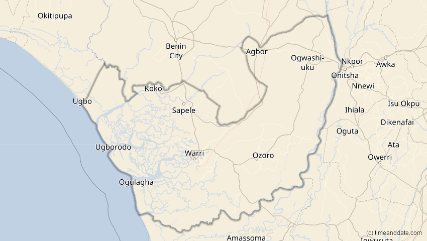 A map of Delta, Nigeria, showing the path of the 21. Mai 2031 Ringförmige Sonnenfinsternis