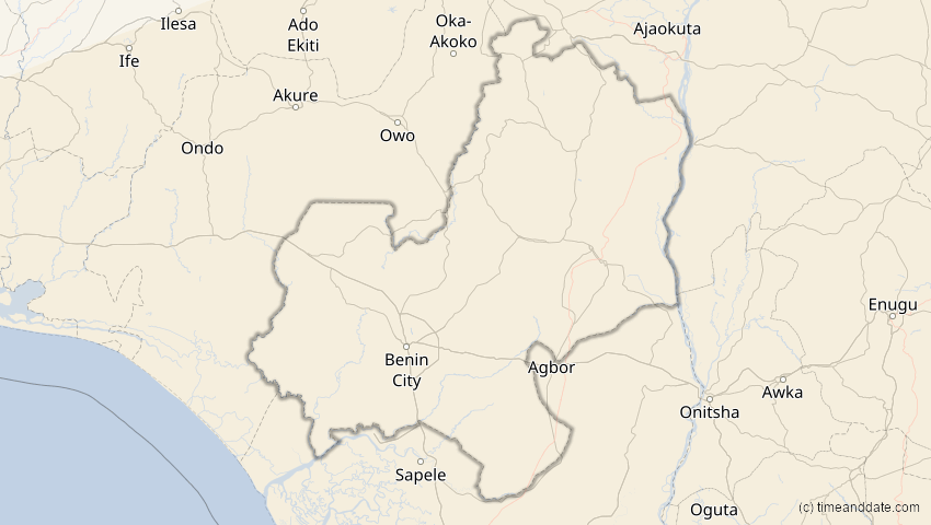 A map of Edo, Nigeria, showing the path of the 21. Mai 2031 Ringförmige Sonnenfinsternis