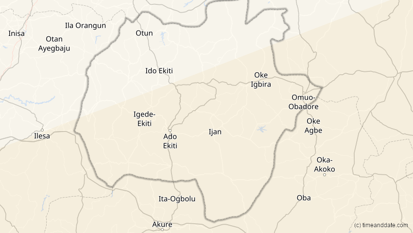 A map of Ekiti, Nigeria, showing the path of the 21. Mai 2031 Ringförmige Sonnenfinsternis