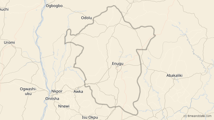 A map of Enugu, Nigeria, showing the path of the 21. Mai 2031 Ringförmige Sonnenfinsternis