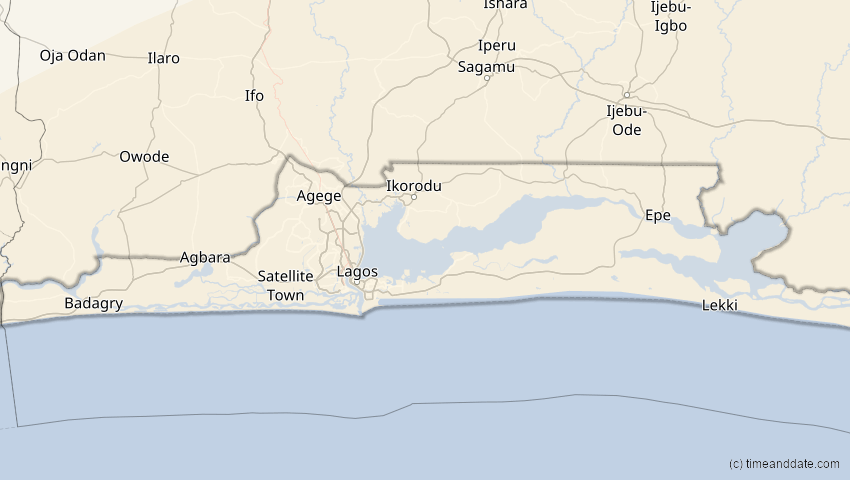 A map of Lagos, Nigeria, showing the path of the 21. Mai 2031 Ringförmige Sonnenfinsternis