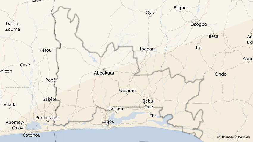 A map of Ogun, Nigeria, showing the path of the 21. Mai 2031 Ringförmige Sonnenfinsternis