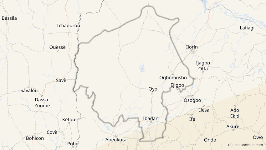 A map of Oyo, Nigeria, showing the path of the 21. Mai 2031 Ringförmige Sonnenfinsternis