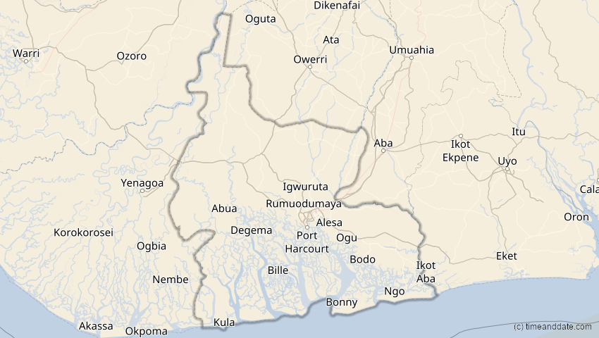 A map of Rivers, Nigeria, showing the path of the 21. Mai 2031 Ringförmige Sonnenfinsternis