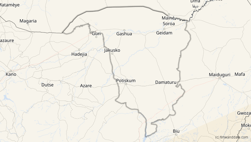 A map of Yobe, Nigeria, showing the path of the 21. Mai 2031 Ringförmige Sonnenfinsternis