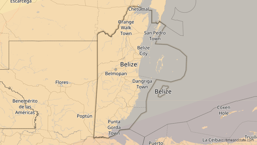 A map of Belize, showing the path of the 14. Nov 2031 Totale Sonnenfinsternis