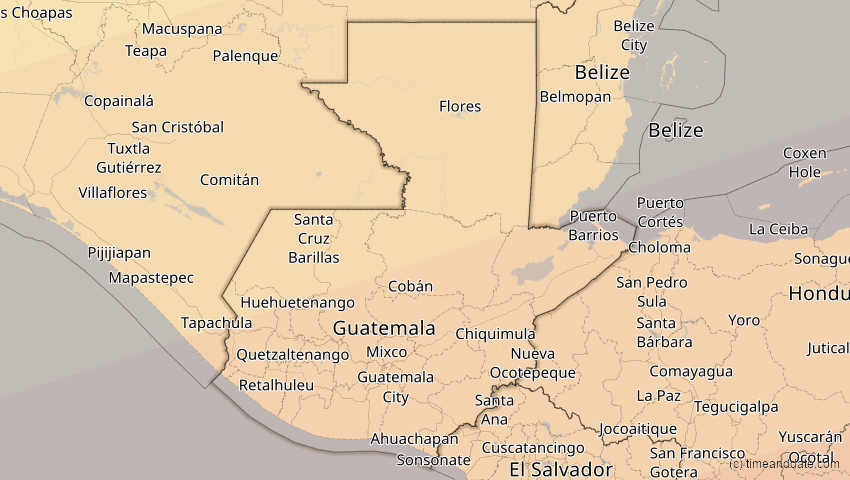 A map of Guatemala, showing the path of the 14. Nov 2031 Totale Sonnenfinsternis
