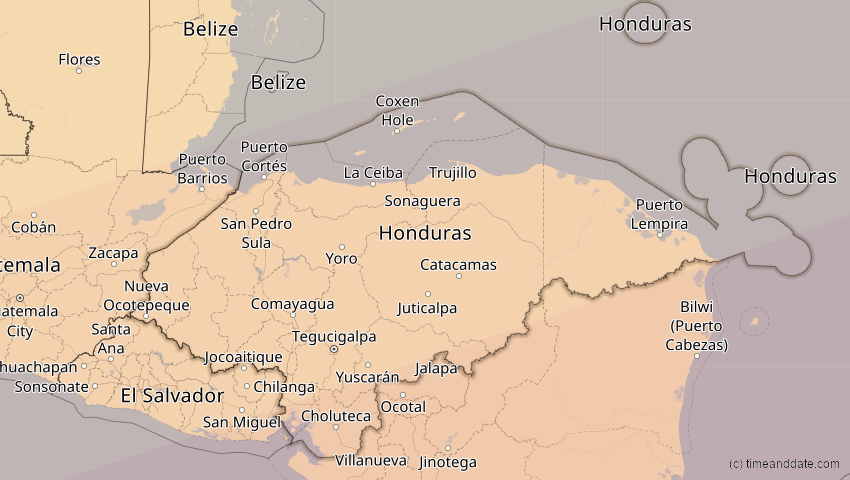 A map of Honduras, showing the path of the 14. Nov 2031 Totale Sonnenfinsternis
