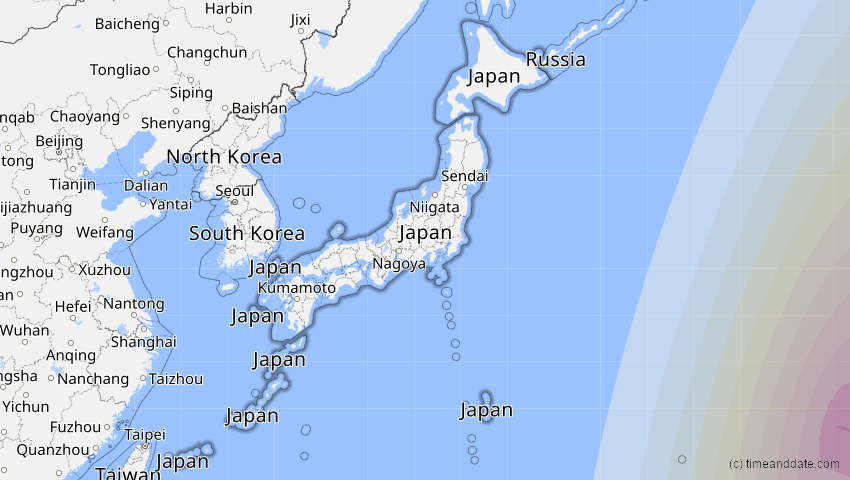 A map of Japan, showing the path of the 15. Nov 2031 Totale Sonnenfinsternis