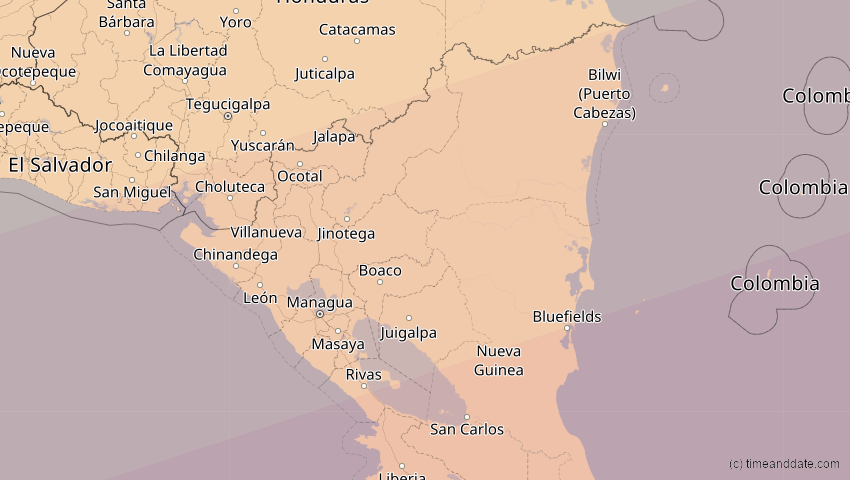 A map of Nicaragua, showing the path of the 14. Nov 2031 Totale Sonnenfinsternis