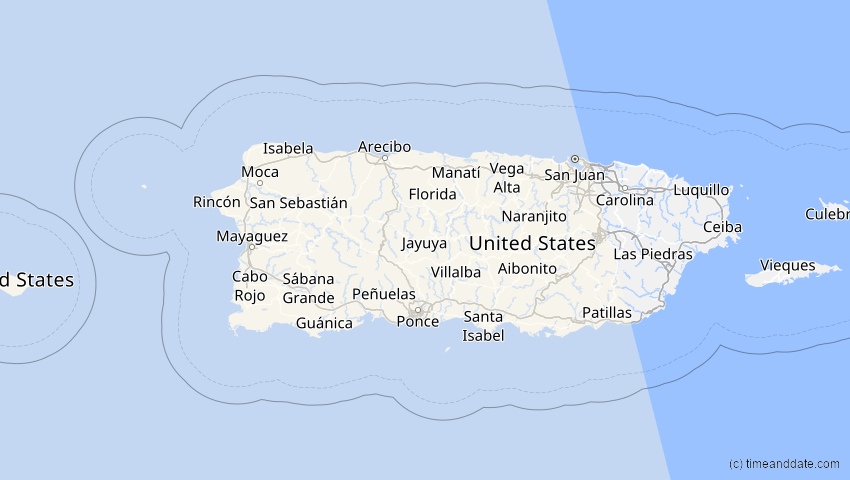 A map of Puerto Rico, showing the path of the 14. Nov 2031 Totale Sonnenfinsternis