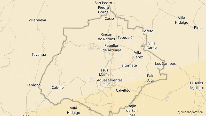 A map of Aguascalientes, Mexiko, showing the path of the 14. Nov 2031 Totale Sonnenfinsternis