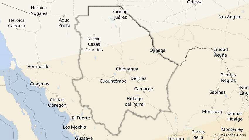 A map of Chihuahua, Mexiko, showing the path of the 14. Nov 2031 Totale Sonnenfinsternis