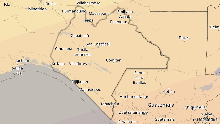 A map of Chiapas, Mexiko, showing the path of the 14. Nov 2031 Totale Sonnenfinsternis