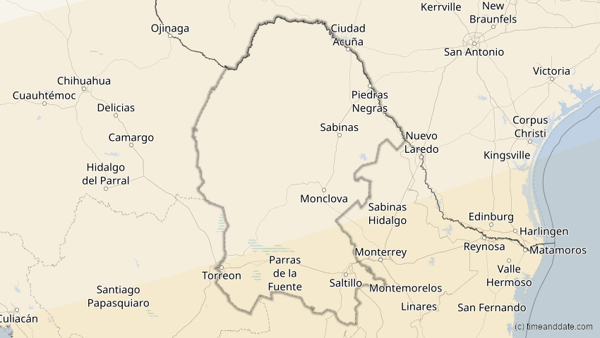 A map of Coahuila, Mexiko, showing the path of the 14. Nov 2031 Totale Sonnenfinsternis