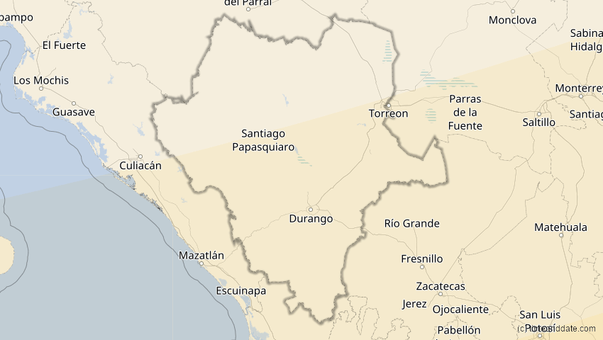 A map of Durango, Mexiko, showing the path of the 14. Nov 2031 Totale Sonnenfinsternis