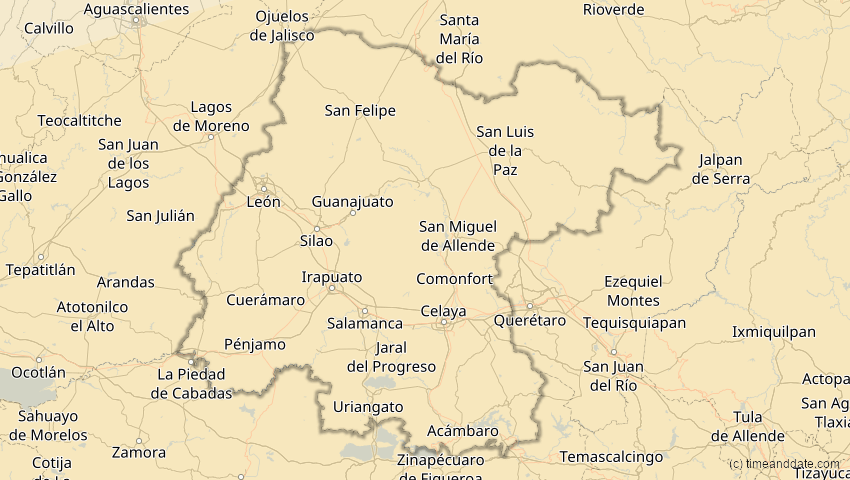 A map of Guanajuato, Mexiko, showing the path of the 14. Nov 2031 Totale Sonnenfinsternis