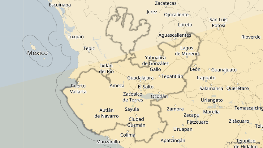 A map of Jalisco, Mexiko, showing the path of the 14. Nov 2031 Totale Sonnenfinsternis