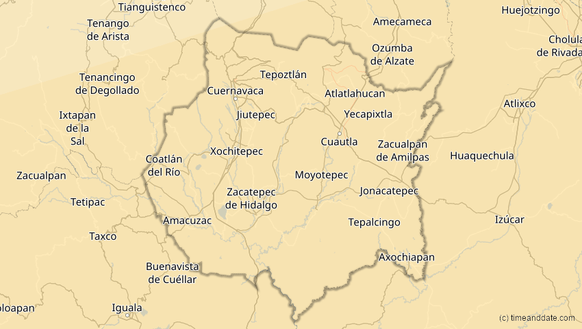 A map of Morelos, Mexiko, showing the path of the 14. Nov 2031 Totale Sonnenfinsternis