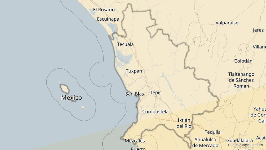 A map of Nayarit, Mexiko, showing the path of the 14. Nov 2031 Totale Sonnenfinsternis