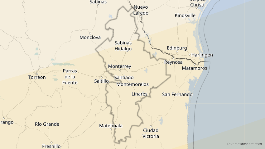 A map of Nuevo León, Mexiko, showing the path of the 14. Nov 2031 Totale Sonnenfinsternis