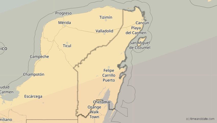A map of Quintana Roo, Mexiko, showing the path of the 14. Nov 2031 Totale Sonnenfinsternis