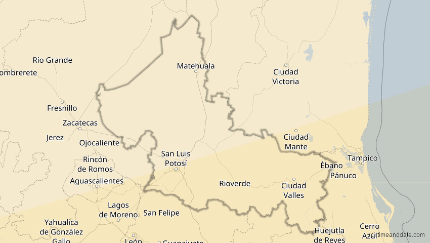 A map of San Luis Potosí, Mexiko, showing the path of the 14. Nov 2031 Totale Sonnenfinsternis