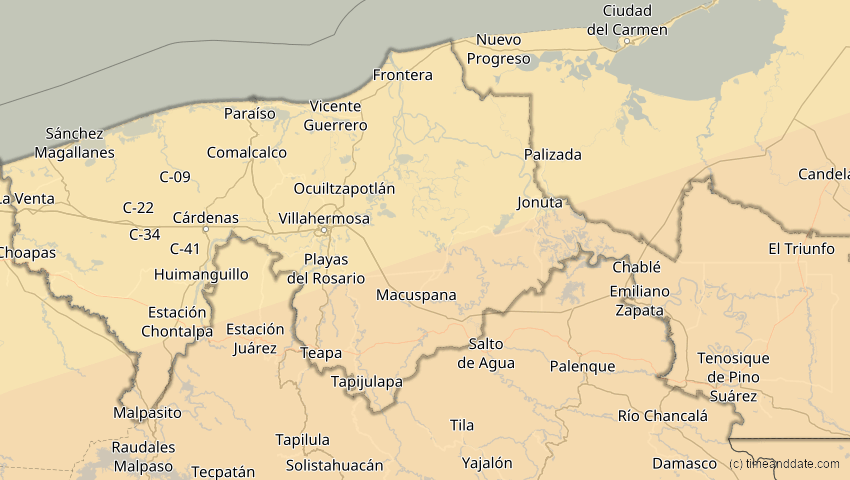 A map of Tabasco, Mexiko, showing the path of the 14. Nov 2031 Totale Sonnenfinsternis