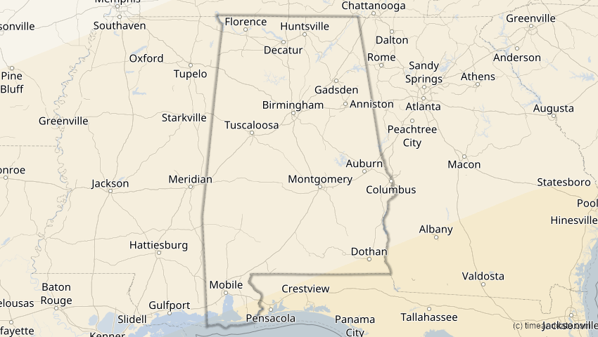 A map of Alabama, USA, showing the path of the 14. Nov 2031 Totale Sonnenfinsternis