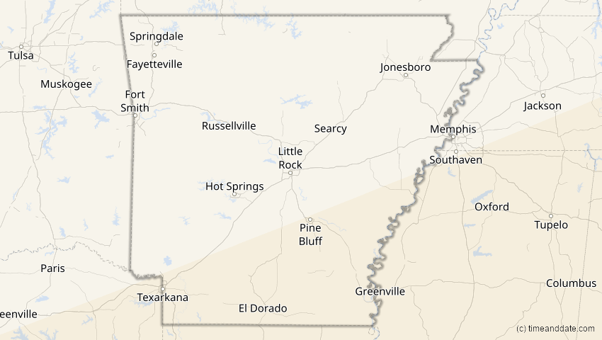 A map of Arkansas, USA, showing the path of the 14. Nov 2031 Totale Sonnenfinsternis