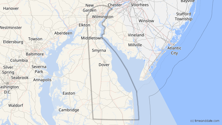 A map of Delaware, USA, showing the path of the 14. Nov 2031 Totale Sonnenfinsternis