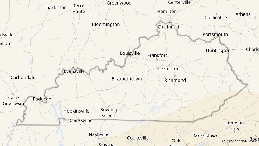 A map of Kentucky, USA, showing the path of the 14. Nov 2031 Totale Sonnenfinsternis