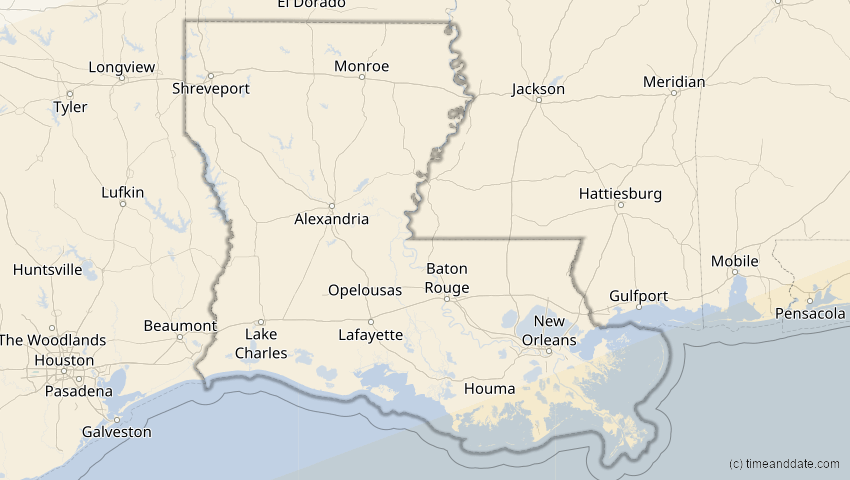 A map of Louisiana, USA, showing the path of the 14. Nov 2031 Totale Sonnenfinsternis