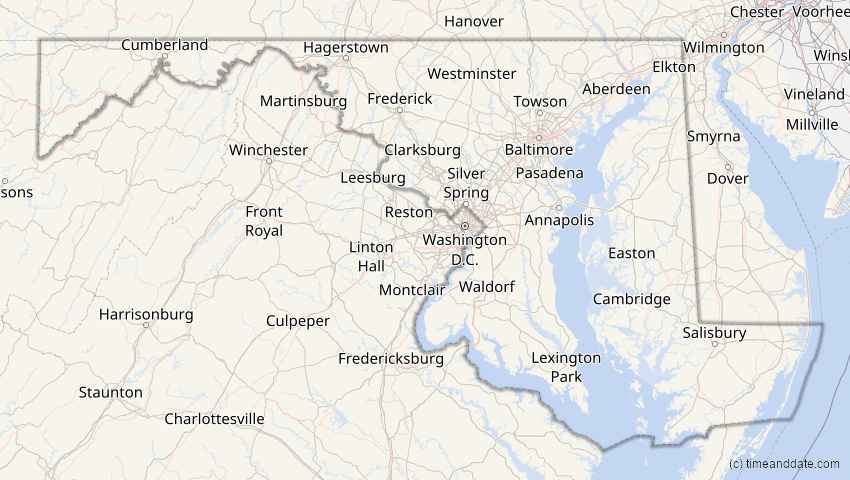A map of Maryland, USA, showing the path of the 14. Nov 2031 Totale Sonnenfinsternis