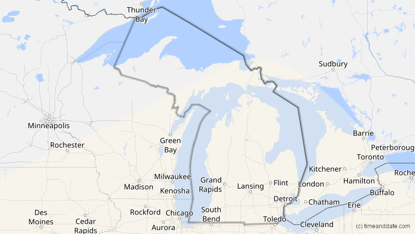 A map of Michigan, USA, showing the path of the 14. Nov 2031 Totale Sonnenfinsternis