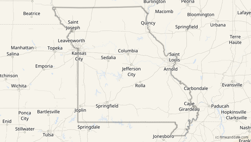 A map of Missouri, USA, showing the path of the 14. Nov 2031 Totale Sonnenfinsternis