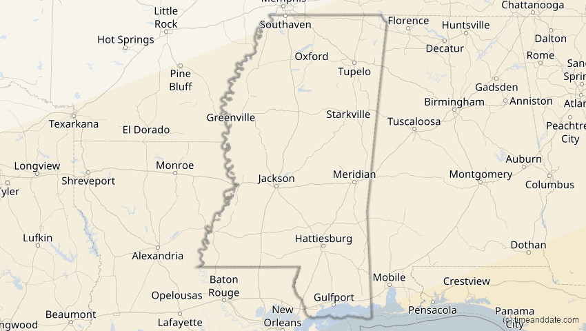 A map of Mississippi, USA, showing the path of the 14. Nov 2031 Totale Sonnenfinsternis