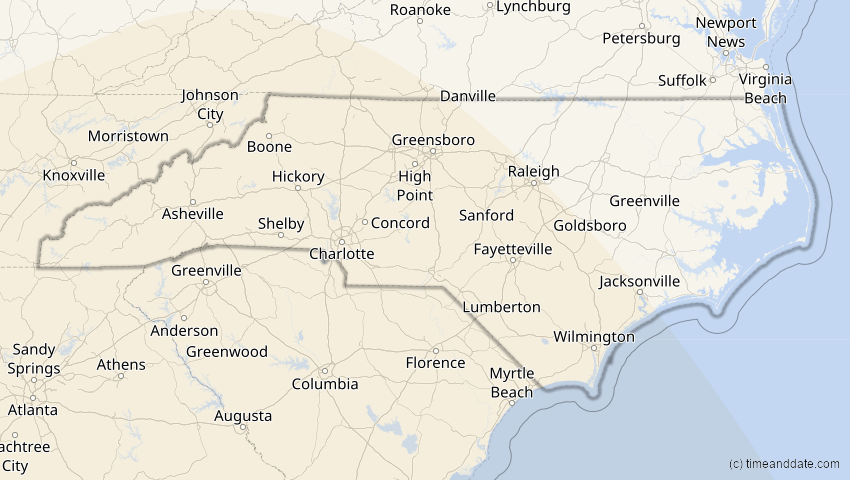A map of North Carolina, USA, showing the path of the 14. Nov 2031 Totale Sonnenfinsternis