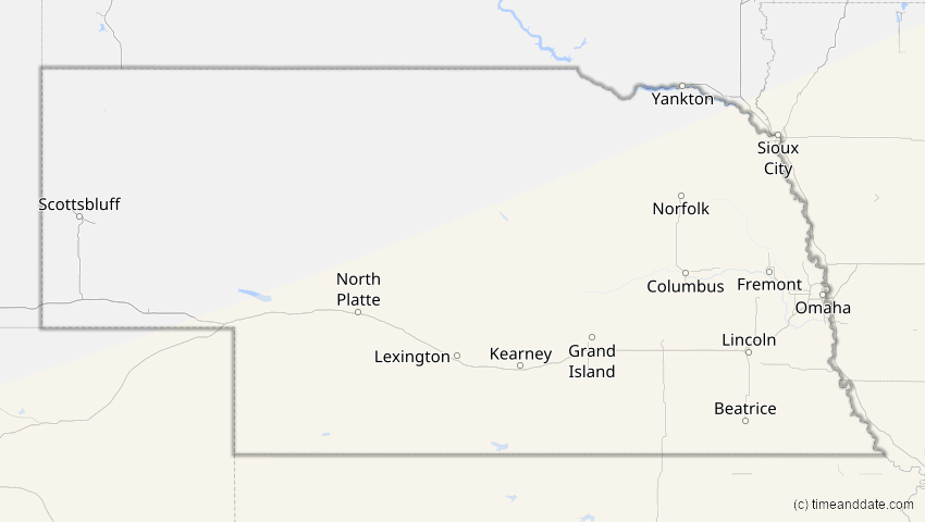 A map of Nebraska, USA, showing the path of the 14. Nov 2031 Totale Sonnenfinsternis