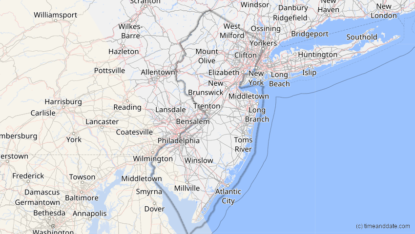 A map of New Jersey, USA, showing the path of the 14. Nov 2031 Totale Sonnenfinsternis