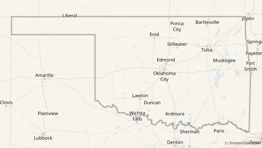 A map of Oklahoma, USA, showing the path of the 14. Nov 2031 Totale Sonnenfinsternis