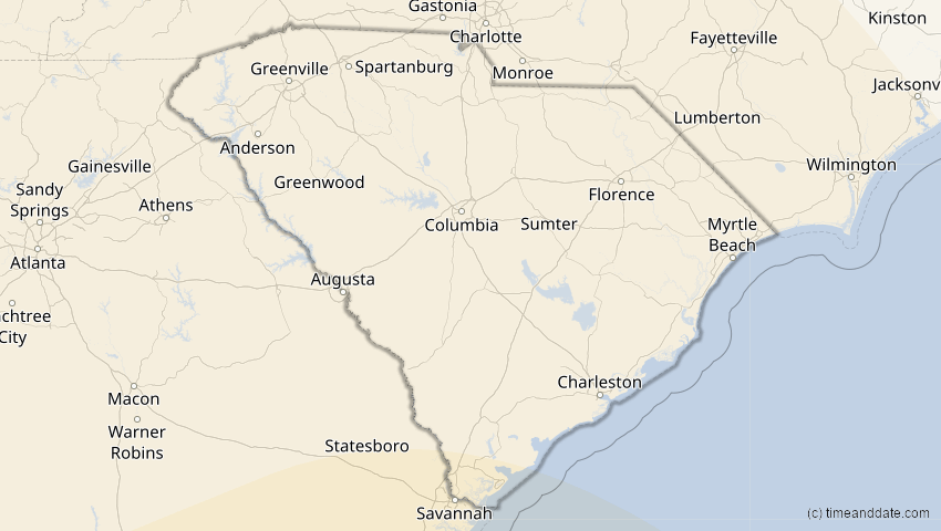 A map of South Carolina, USA, showing the path of the 14. Nov 2031 Totale Sonnenfinsternis