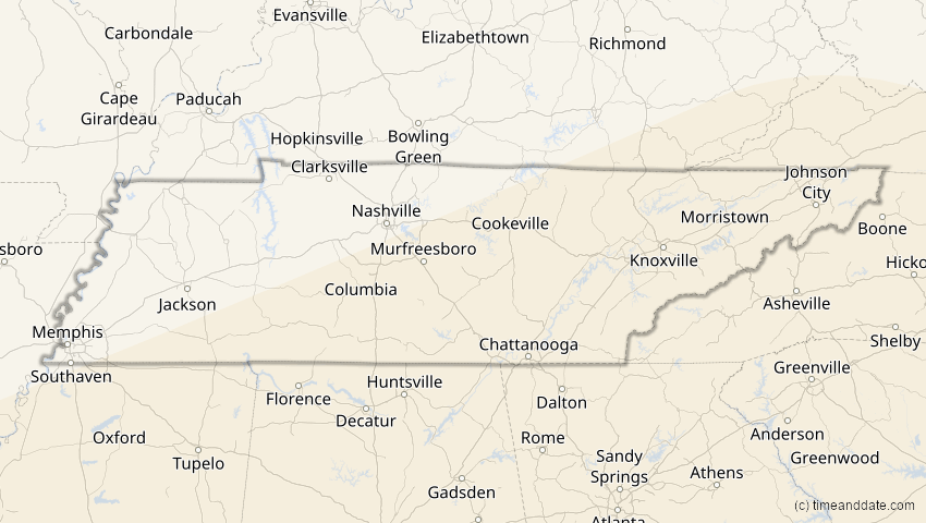 A map of Tennessee, USA, showing the path of the 14. Nov 2031 Totale Sonnenfinsternis