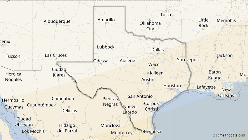A map of Texas, USA, showing the path of the 14. Nov 2031 Totale Sonnenfinsternis
