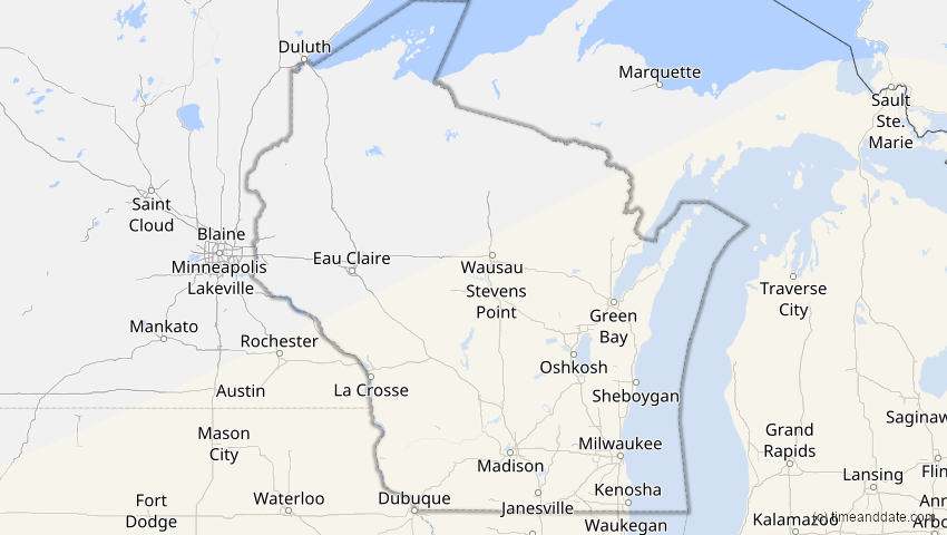 A map of Wisconsin, USA, showing the path of the 14. Nov 2031 Totale Sonnenfinsternis