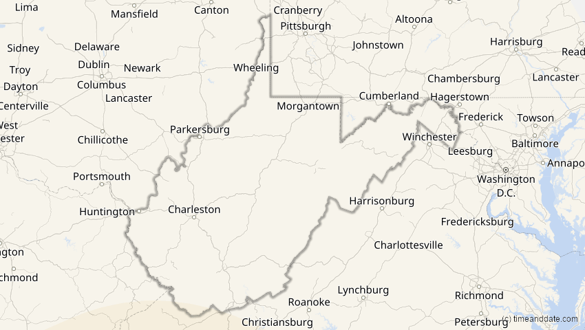 A map of West Virginia, USA, showing the path of the 14. Nov 2031 Totale Sonnenfinsternis
