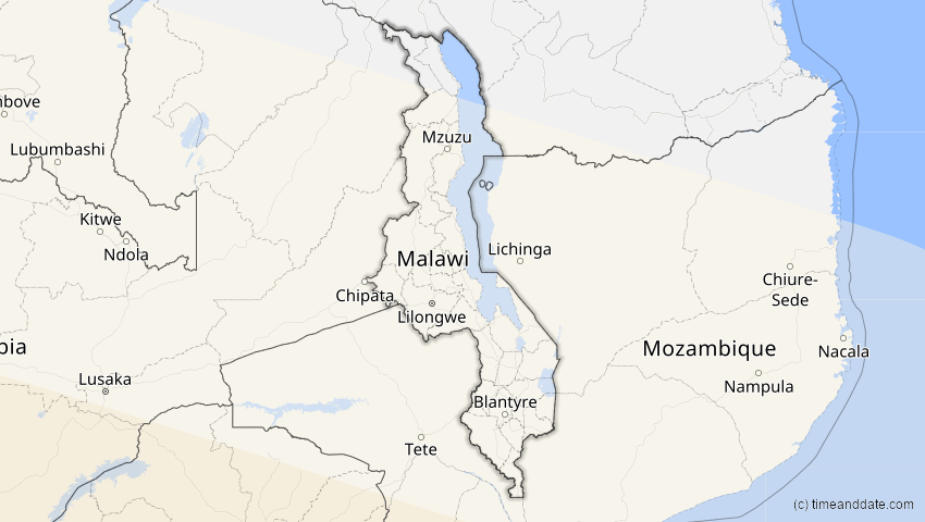 A map of Malawi, showing the path of the 9. Mai 2032 Ringförmige Sonnenfinsternis