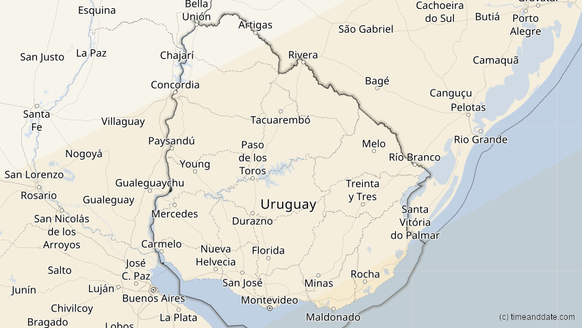 A map of Uruguay, showing the path of the 9. Mai 2032 Ringförmige Sonnenfinsternis