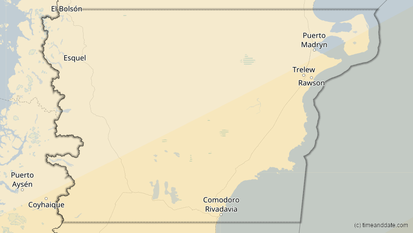 A map of Chubut, Argentinien, showing the path of the 9. Mai 2032 Ringförmige Sonnenfinsternis