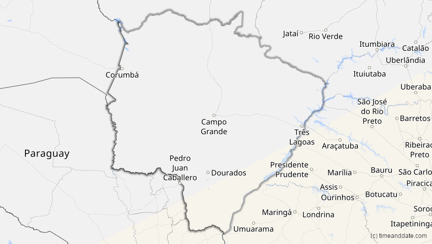 A map of Mato Grosso do Sul, Brasilien, showing the path of the 9. Mai 2032 Ringförmige Sonnenfinsternis